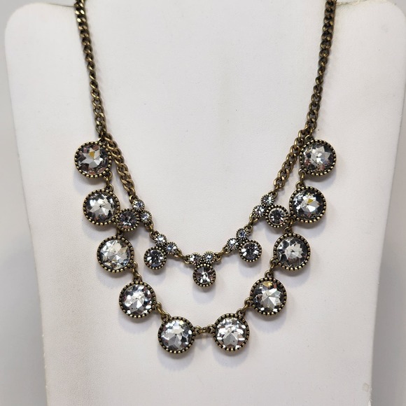 LOFT Jewelry - LOFT Ann Taylor Antiqued Gold Tone Clear Rhinestone Necklace Layered Statement